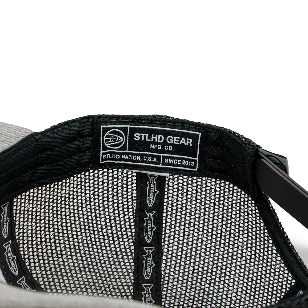 STLHD Chrome Edition Heather Grey/Black Trucker Snapback Hat, lifestyle view