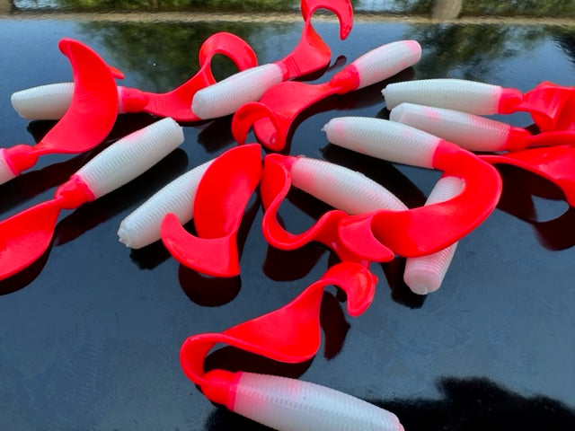 4" "White w/ Flame Red Tail" Curly Tail - STLHD GEAR 