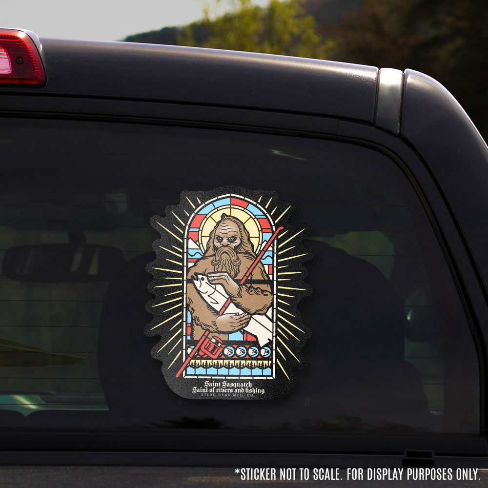 STLHD Saint Sasquatch Sticker - 7" x 5.5", back view